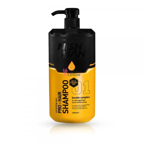Sampon pentru par deteriorat, fara sare si parabeni, Nish Man Keratin Complex nr. 1, 1250 ml